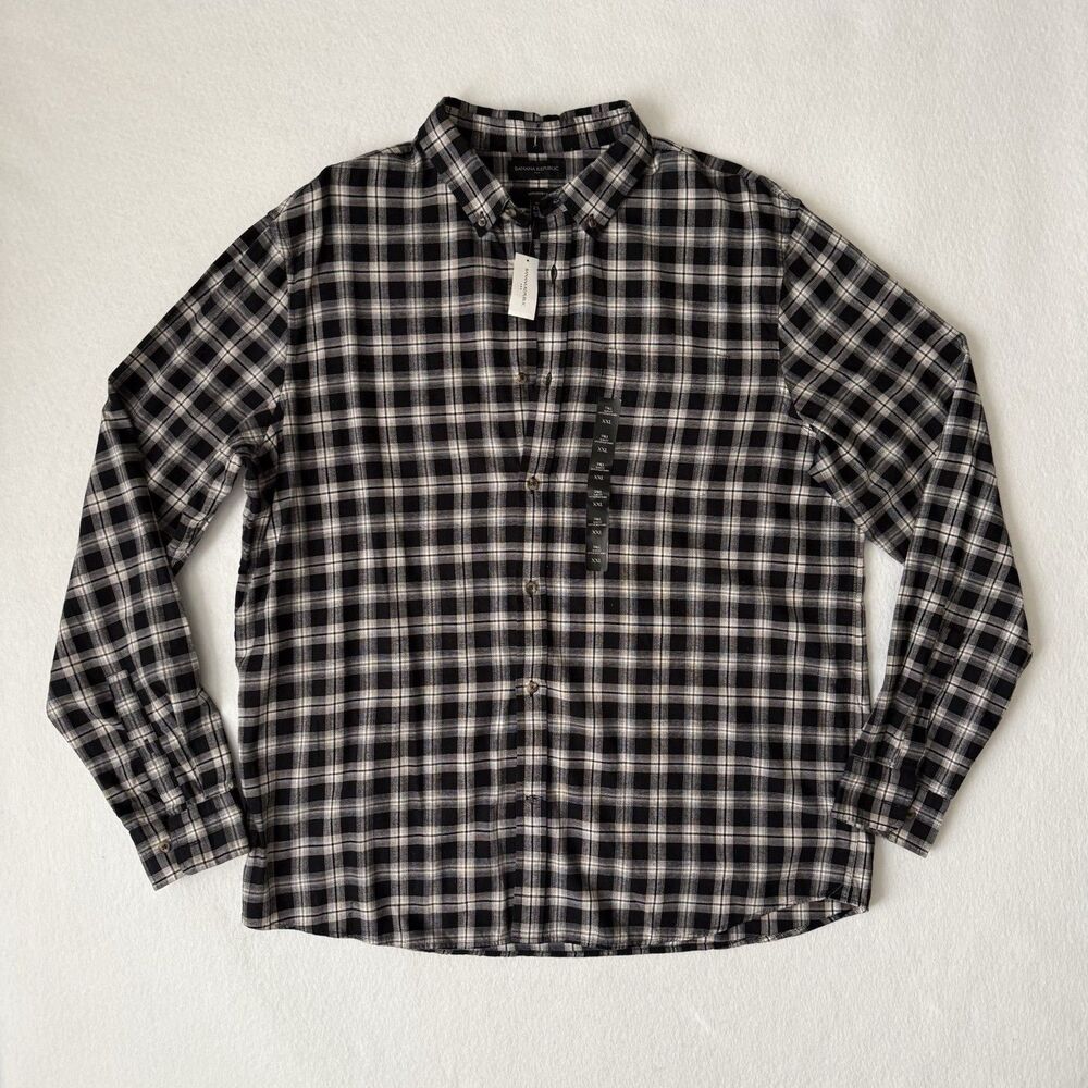 Banana Republic Men's XXL Black White Plaid Long Sleeve Collared Untucked Shirt